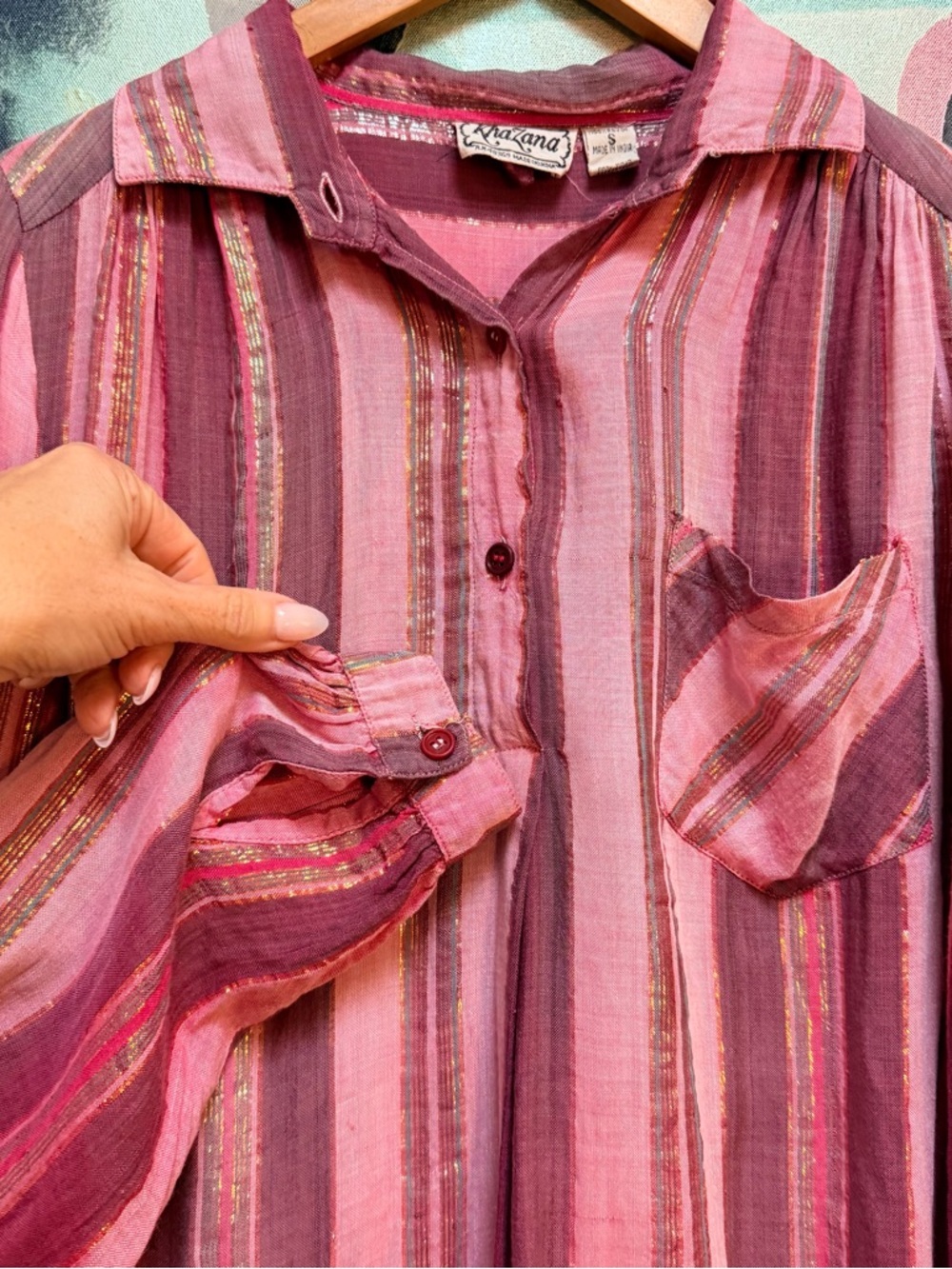 Vintage Indian Cotton Gauze Blouse Pink Metallic Stripes Size small - Picture 2 of 14